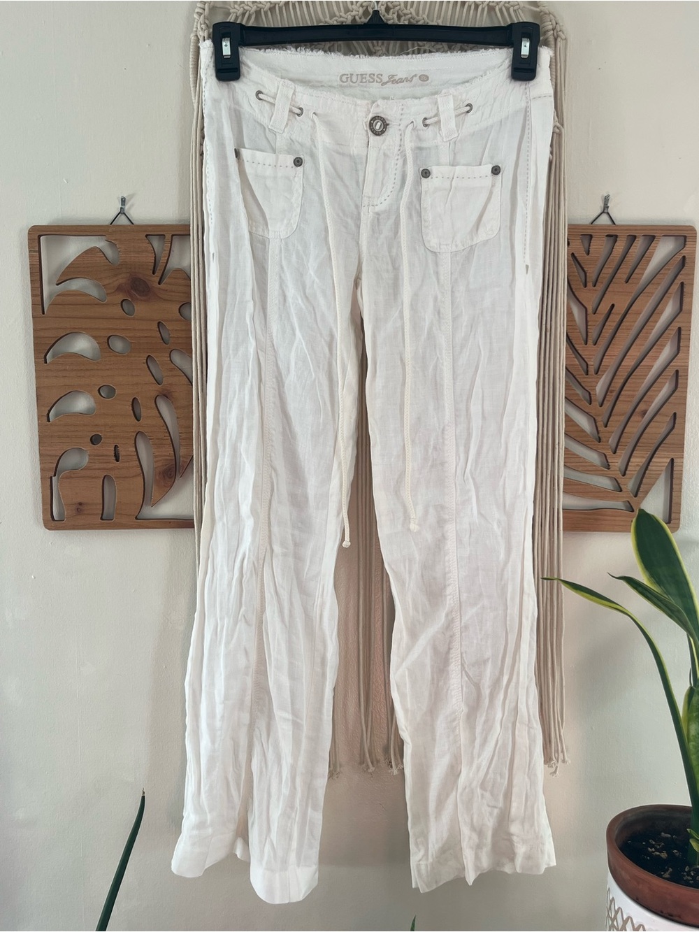 Vintage GUESS Jeans White 100% Linen Wide Leg Pants Low Rise Drawstring Y2K